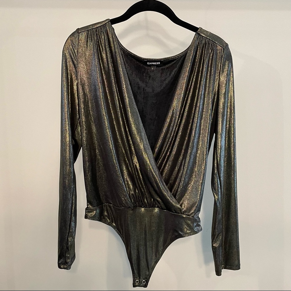 Express metallic bronze and gold surplice bodysuit, long sleeve, size small